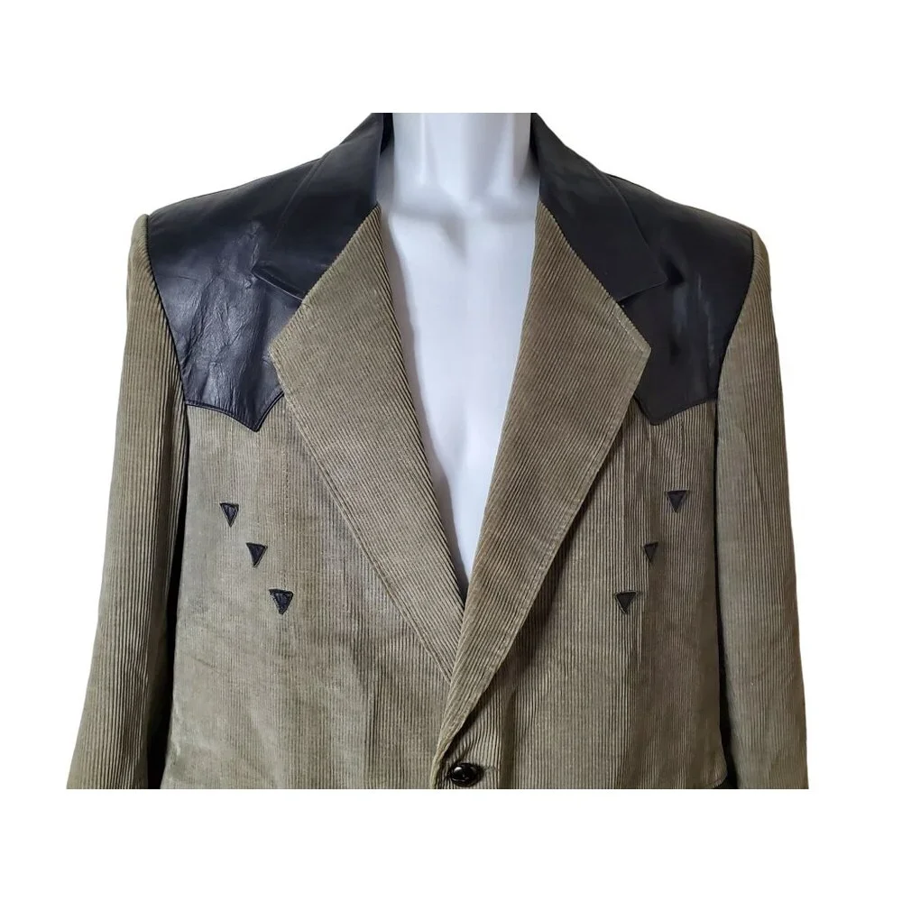 Vintage Western Style‎ Corduroy & Leather Blazer Jacket With Triangle Detailing